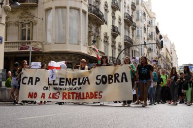 Valencia, İspanya - 23 Mayıs 2024: Binlerce kişi kemer sıkma tedbirlerine ve Valencia, İspanya 'daki Valencia dilinin düşüşüne karşı eğitici bir gösteriye katıldı