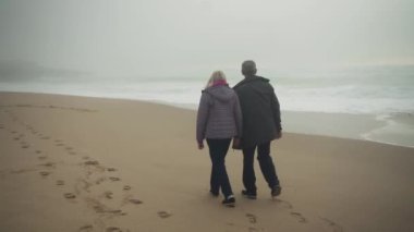 Arka planda fırtınalı bir okyanus ile sahilde el ele tutuşan yaşlı beyaz bir çiftin arka görüntüsü. Yağmurluk giyip neşeyle sohbet ediyorlar. Geniş açı. Yüksek kalite 4K görüntü