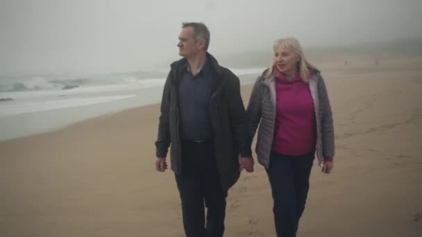 跟踪拍摄了一对年长的白人白人夫妇手牵着手在海滩上散步 身后是汹涌的大海 高质量的4K镜头 — 图库视频影像