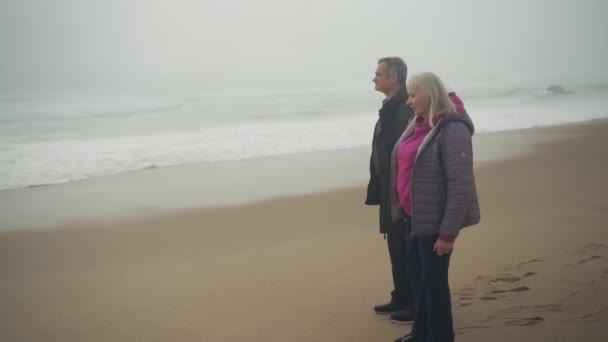 Arch Záběr Staršího Bělošského Páru Pláži Bouřlivým Oceánem Pozadí Držící — Stock video
