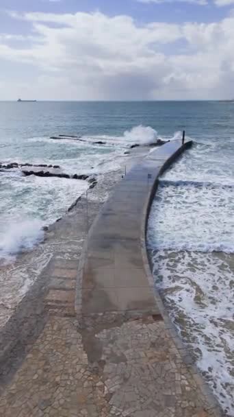 Waves Washing Stone Pier Estoril Beach Aerial View Drone Shot — Stock Video
