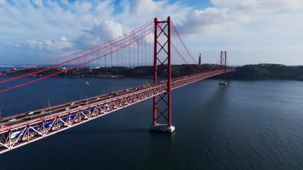 Aerial View Bridge Ponte Abril Tagus River Lisbon Portugal Sunny — Stock Video