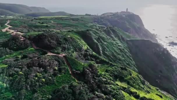Widok Powietrza Przelatujący Nad Zielonymi Klifami Kierunku Przylądka Roca Farol — Wideo stockowe
