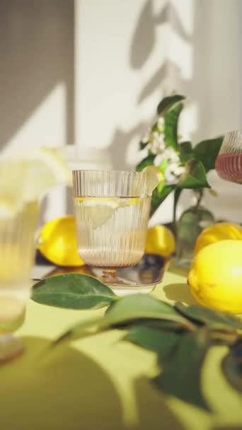 Gläser Mit Wasser Und Zitrone Erfrischende Gesunde Getränke Auf Einem — Stockvideo