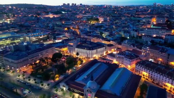 Megvilágított Lisszabon Óvárosi Égbolt Tagus Folyó Éjjel Kék Óra Portugália — Stock videók
