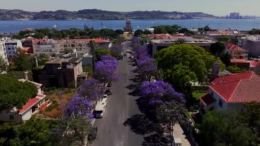 Belem Kulesi 'ne ve Tagus Nehri' ne doğru çiçek açan jakaranda ağaçlarıyla kaplı caddenin üzerinde uçuyor. Yüksek kalite 4k görüntü