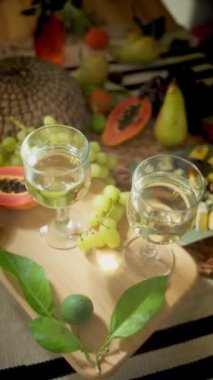 Üzüm ve papaya gibi sonbahar meyveleriyle çevrili beyaz şarap kadehleri, sıcak, kırsal bir zemin üzerine kurulmuş, sıcacık, mevsimsel bir atmosferi çağrıştıran