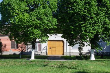 Sırbistan 'da eski ve yenilenmiş bir ev binası, Banatsko Novo selo banat, Voyvodina' da eski bir ahşap kapı üzerine odaklı bir çiftlik evi.