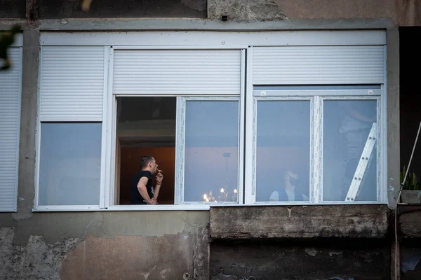 Belgrade Sérvia Maio 2024 Três Homens Trabalhadores Domésticos Renovando Apartamento — Fotografia de Stock