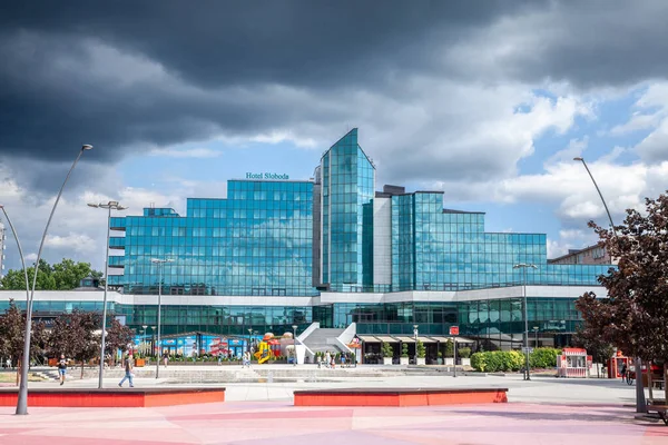 stock image SABAC, SERBIA - JULY 9, 2022: Hotel Sloboda in summer. Hotel Sloboda is the main hotel of Sabac, Macva, Serbia, and a landmark of the city