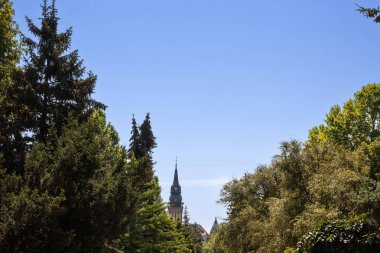 Sırbistan 'daki Subotica Belediye Binası' nda, güneşli bir yaz öğleden sonrasında ağaçların arkasında görülen seçici bulanıklık. Gradska Kuca adı verilen şehir, 1910 yılında açılışı yapılan kentin ana simgesidir.