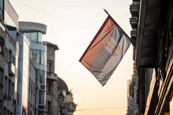 Fotografie Oficiální Vlajky Republiky Srbsko Pozadím Ulice Kneza Mihailova Bělehradské — Stock fotografie
