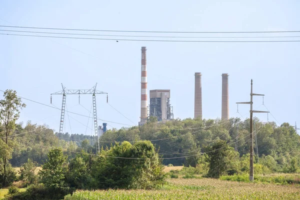 Termoeletrana Kolubara A power station, seen from afar with its typical chimneys in Veliki Crljeni. It is a coal power plant, one of the main electricity producers in Serbia.