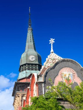 Sırbistan 'daki Subotica Belediye Sarayı' nda güneşli bir yaz öğleden sonrasında seçici bulanıklık. Gradska Kuca adı verilen şehir, 1910 yılında açılışı yapılan kentin ana simgesidir.