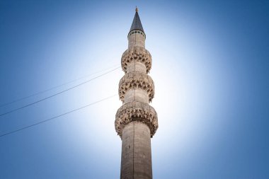 Minaret tower of Sultanahmet camii  in Istanbul, Turkey. Also called Blue Mosque, it is a muslim place of worship, symbol of ottoman architecture and an Istanbul landmark