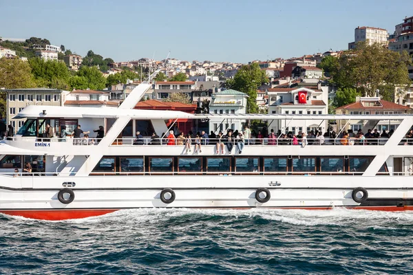 ISTANBUL, TURKEY - MAY 21, 2022: Turks standing on a ship, a ferryboat in Istanbul, a vapur, a ferry boat ship connecting Asia to Europe sides of the city