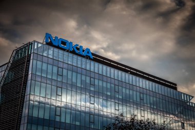 TIMISOARA, ROMANIA - SEPTEMBER 16, 2022: Nokia logo on their headquarters and main office for Timisoara. Nokia is a Finish corporation specialized and technology and telecommunications known for mobile phones. 