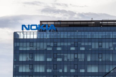 TIMISOARA, ROMANIA - SEPTEMBER 16, 2022: Nokia logo on their headquarters and main office for Timisoara. Nokia is a Finish corporation specialized and technology and telecommunications known for mobile phones.