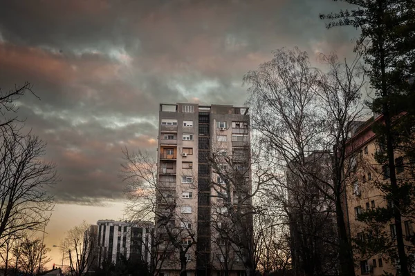 Flou Sélectif Sur Immeuble Grande Hauteur Novi Beograd Belgrade Serbie — Photo