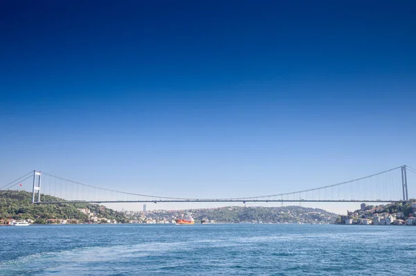 stock image Panorama of the bosphorus strait and the second Bosphorus Bridge; also called faith sultan mehmet koprusu bridge , seen from below. it's a bridge in Istanbul connecting Asian and European side.