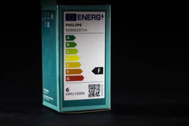 BRUSSELS, BELGIUM - APRIL 22, 2023: Selective blur on the European union Energy Label of a Philips lightbulb package. The EU energy scale indicates the electricity consumption of electric appliances. clipart