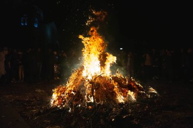 BELGRAD, SERBIA - 6 Ocak 2023: Ortodoks Noel 'inde Belgrad' da badnjak dalları yakan Sırp Halkı 'nın seçici bulanıklığı. Bu geleneksel bir Sırp Noel geleneğidir..