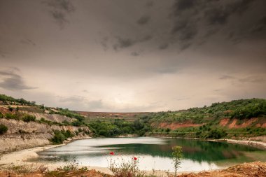 Fruska gora dağlarındaki Besenovo Gölü, Voyvodina, Sırbistan 'da yağmurlu bir öğleden sonra Panorama' daki Besenovo plajının önündeki gelincik çiçeklerinde seçici bulanıklık.