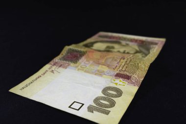 100 Hryvnia banknotunda seçici bulanıklık, Ukrayna banknotu, Taras Shevchenko 'nun mavi portresi. Hryvnia ya da UAH, Ukrayna 'nın resmi para birimi..