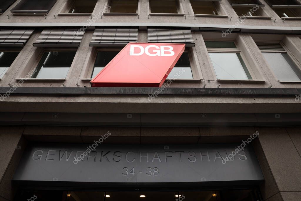 DUSSELDORF, GERMANY - NOVEMBER 7, 2022: Selective blur on DGB logo in Dusseldorf. DGB, Deutscher Gewerkschaftsbund, is german trade union confederation, umbrella for 8 trade union organizations.