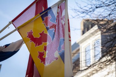 Hollanda 'nın Maastricht, Hollanda sokaklarında salınan Alman vilayetinin bayrağında seçici bulanıklık. Hollanda limburg, Hollanda 'nın güneyindeki bir çaylaktır..