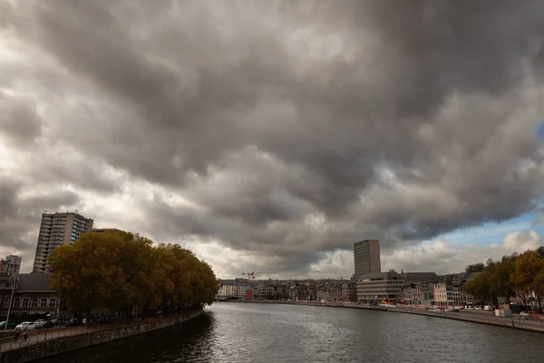 Panorama of the city center of Liege, Belgium, during a cloudy afternoon of autumn, in centre ville, with the meuse river (maas) in front. Liege is one of the biggest cities of Belgium and Wallonia.