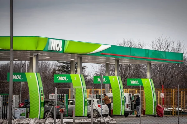 BELGRAD, SERBIA - 2 Şubat 2019: Mol Group 'un Belgrad' daki benzin istasyonlarından birinde bulunan ve insanların arabaya benzin döktüğü logo. Mol, tüm Avrupa 'ya yayılmış bir Macar petrol ve gaz şirketi..