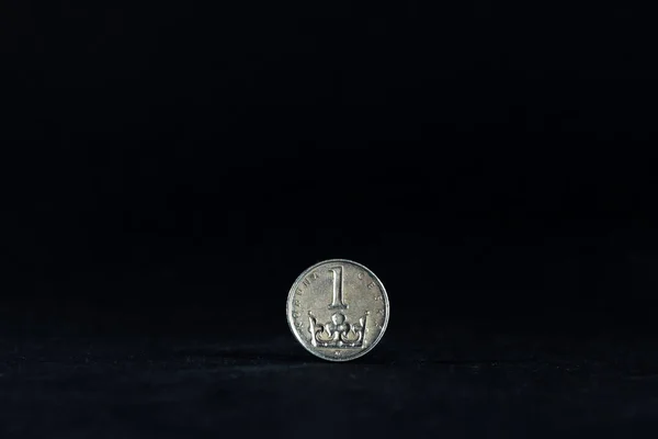 黒の背景に隔離されたチェコ語で書かれた言及1つのクラウンを持つ1つのチェコのクラウンコイン上の選択的なぼかし チェコ クローナ チェコ クローナ チェコ共和国の通貨及び通貨である — ストック写真