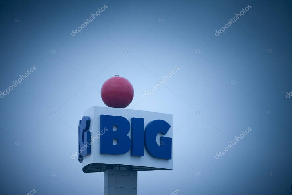 PANCEVO, SERBIA - MARCH 12, 2021: Logo of Big Shopping Centers on their mall for Pancevo, Serbia. Big Shopping centers is an israeli firm specialized in mall management and retail parks.
