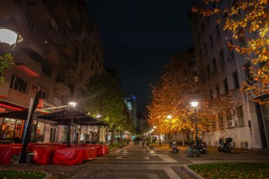 BELGRAD, SERBIA - 25 Ekim 2022: Belgrad 'ın tarihi şehir merkezi Stari Grad' da, bir sonbahar akşamı Obilicev Venac yaya caddesinde seçici bulanıklık.