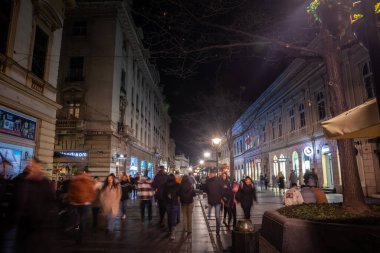 BELGRAD, SERBIA - 3 Şubat 2024: Geceleri Kneza Mihailova caddesinde seçici bulanıklık, hız bulanıklığı olan insanlar acele ediyor. Adı Knez Mihaila, şehrin ana yaya sokağı..