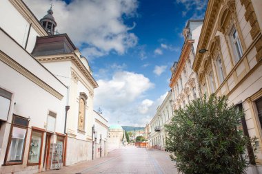 Irgalmasok utcaja caddesinin panorama 'sı bomboş ve arkasında göğüs kasları ile ıssız. Güney Macaristan 'ın Pecs şehrinde bir yaya sokağı..