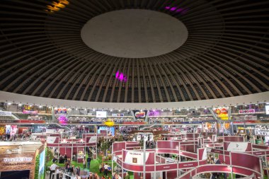 BELGRADE, SERBIA - OCTOBER 21, 2023: Panorama of the of Hall 1 of Belgrade Fair Ground, called Beogradski Sajam. It is the an exhibition fair, used for events like Belgrade Wine Fair, Sajam Vina. clipart