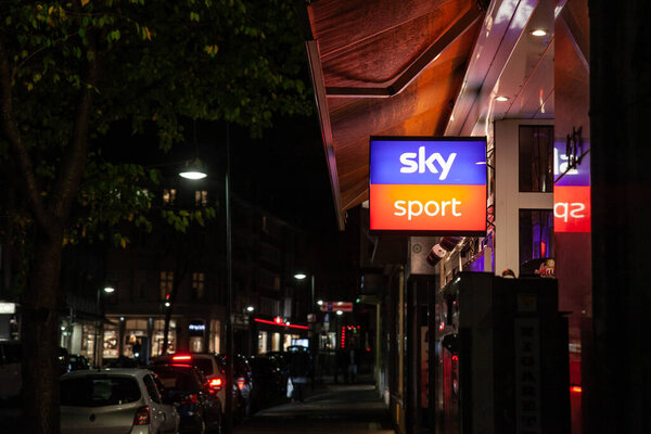 AACHEN, GERMANY - NOVEMBER 9, 2022: Sky Sport logo on a bar broadcasting the channel. Sky Sport, part of Sky Deutschland, is a tv channel specialized in sports.