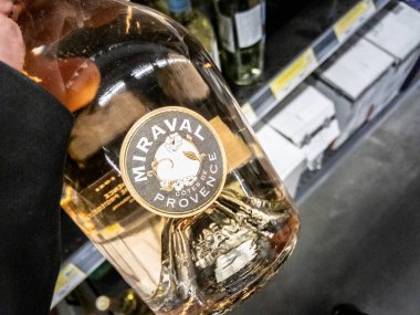 BELGRADE, SERBIA - FEBRUARY 20, 2024: Bottle of Miraval rose for sale in a supermarket of Belgrade. Chateau miraval winery is cotes de provence chateau from france owned by brad pitt & angelina jolie. clipart