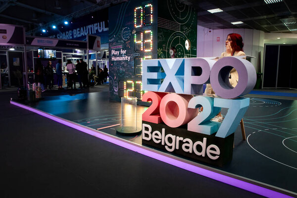BELGRADE, SERBIA - OCTOBER 23, 2023: Logo of Expo 2027 Belgrade in front of a stall promoting the event in downtown belgrade. it's a specialised exposition scheduled to be held in belgrade in 2027.