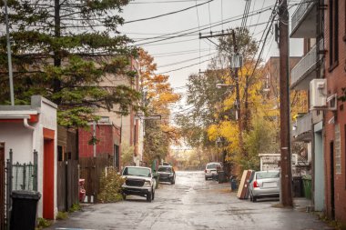 Montreal, Quebec 'te sonbaharda yağmurlu bir günde, harap olmuş tipik Kuzey Amerika yerleşim sokağındaki seçici bulanıklık..
