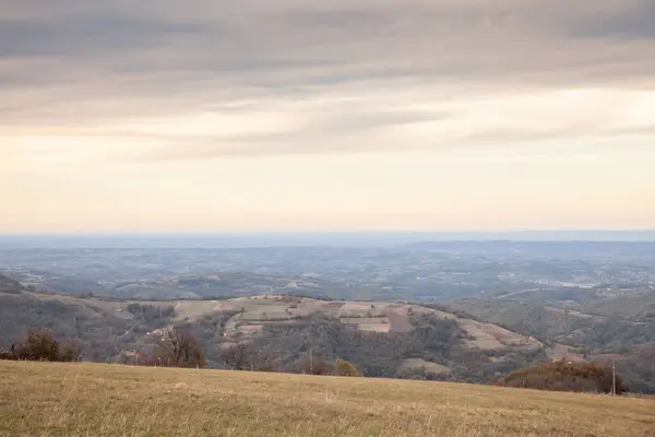 Stock image Panorama of the top and summit of Vrh Rajac moutain at dusk in autumn. Rajac is a mountain of Sumadija in Serbia, part of the dinaric alps, a major serbian natural touristic destination.