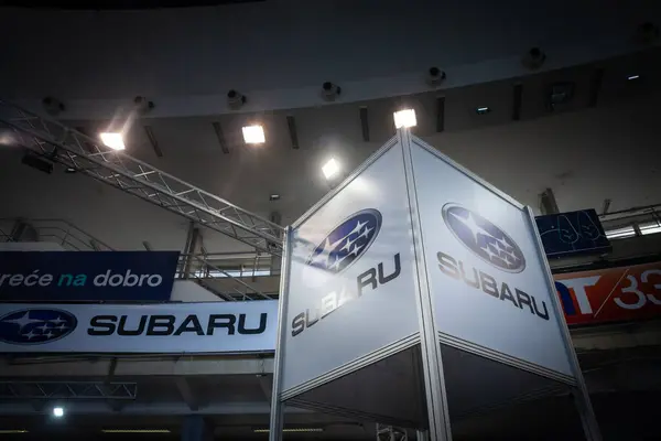 stock image BELGRADE, SERBIA - MARCH 23, 2024: Subaru logo on their main dealership store in Belgrade. Subaru is a Japanese car and automotive manufacturer, specialized in high end and sports vehicles.