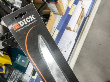 BELGRADE, SERBIA - MAY 21, 2024: Selective bur on a Dick brand knife for sale in a Belgrade supermarket. F. Dick is a german brand of knives and utensils, mainly professional grade.