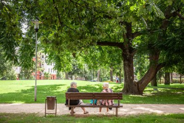 JELGAVA, LATVIA - 18 AĞUSTOS 2023: Yazın Jelgava 'da bir parkta birlikte oturan iki yaşlı kadın, arkadaş, Letonyalı son sınıf öğrencisi hakkında seçici bulanıklık. Letonya nüfusu yaşlanıyor.