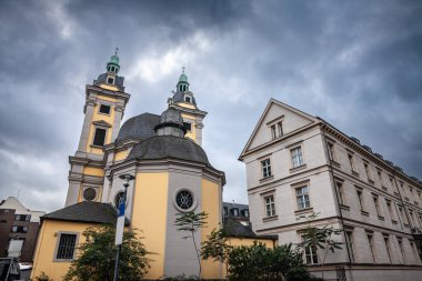 Main facade of the church of Saint Andreas, also called Sankt Andreas Kirche, in the city center of Dusseldorf, Germany. St Andreas is a roman catholic church belonging to the Dominicans.