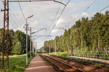 Tipik bir doğu Avrupa tarzı Rus demiryolu altyapısının panoraması: Letonya 'da gün batımında bir tren istasyonu bulunan Pabazi tren istasyonundaki bir Letonya ormanında elektrikli demiryolu hattı.