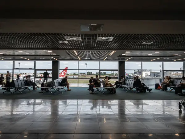 stock image BELGRADE, SERBIA - JUNE 21, 2024: Panorama of a waiting area and boarding gates of Belgrade Airport (Aerodrom Nikola Tesla Beograd), the main airport of serbia and an airline hub.