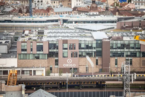 stock image RIGA, LATVIA - AUGUST 19, 2023; Aerial panorama of Riga featuring the Origo Mall; origo mall is a shopping center and a symbol of Latvian economy.